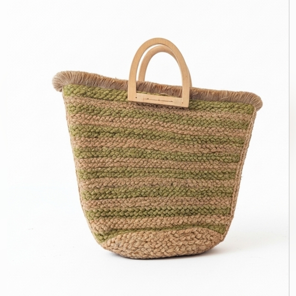 Antik Kraft Amelia Green Tan Striped Jute Handle Bag Beach Coastal
